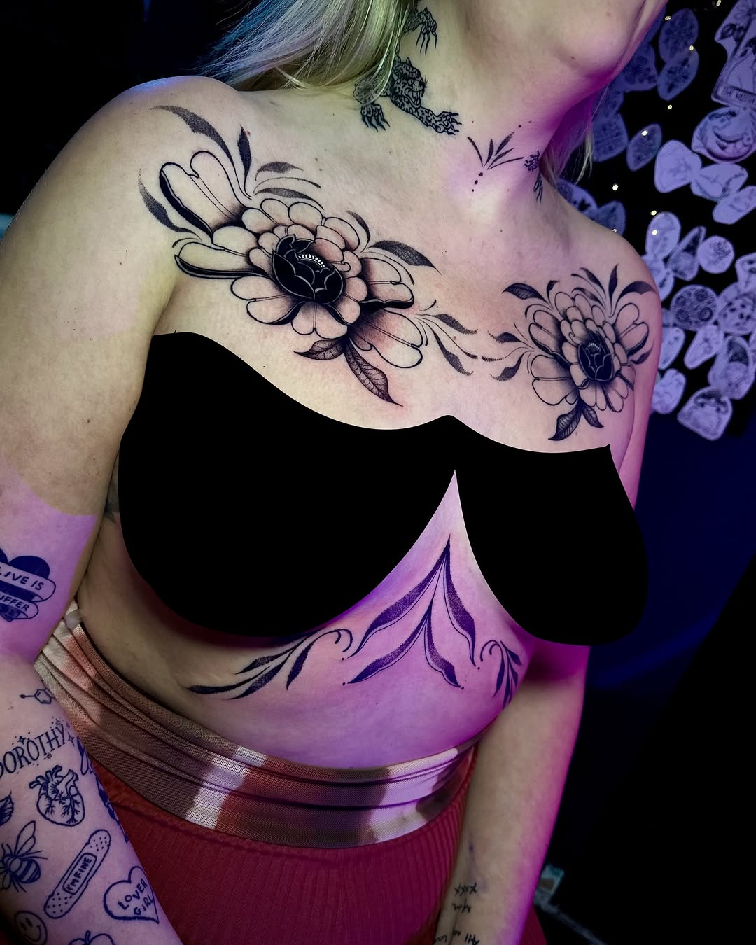 Peony project with added neck leopards, done over 3 day sessions by Symone from Ashton Ink Tattoo Studio