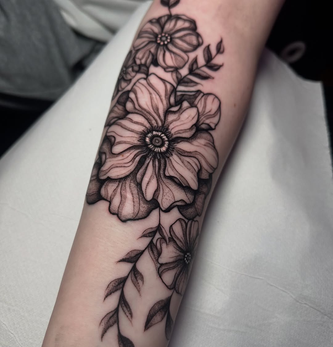 Close up image from this floral scar cover up done by Symone from Ashton Ink Tattoo Studio