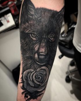 Cover up of some stars by Paul Cooke from Ashton Ink Tattoo Studio - covered with a nice wolf and rose using opaque greys - tattooist Oldham