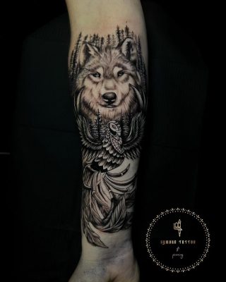Challenging scar cover up done by Symone from Ashton Ink Tattoo Studio featuring a Phoenix and Wolf, representing strength, resurrection, inner wisdom