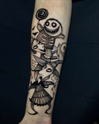 This is a scar cover up done by Symone from Ashton Ink Tattoo Studio, featuring a witch and other strange characters - tattoo shops tameside