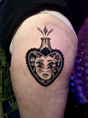 Traditional style lady small cover up tattoo done by Symone from Ashton Ink Tattoo Studio - female tattoo artists near me